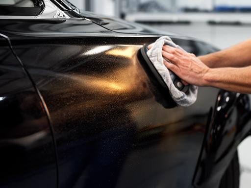 Aplicación de cera protectora sobre la carrocería de un coche negro con acabado brillante